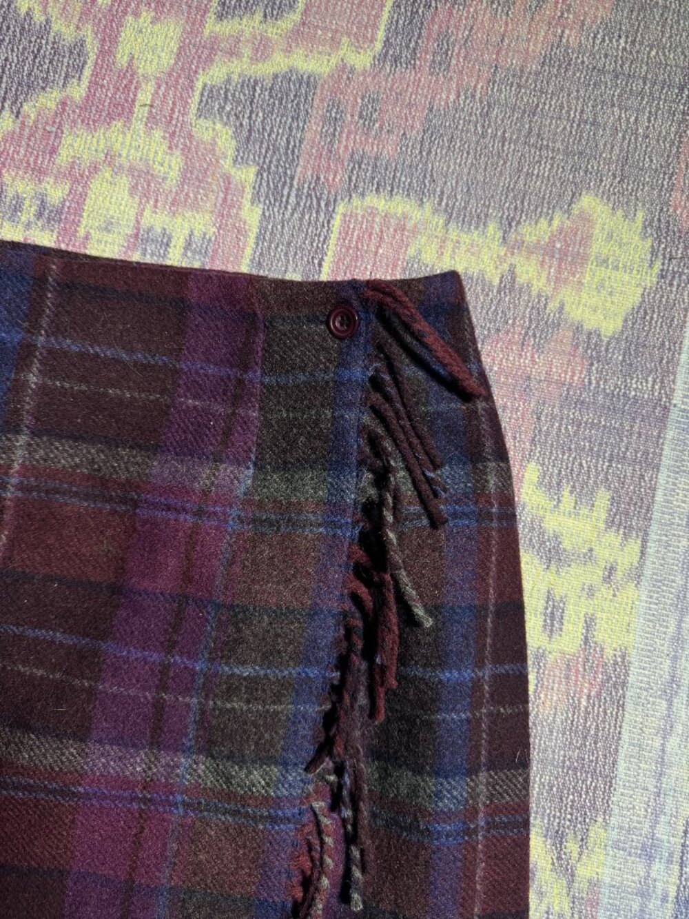Talbots Plaid Fringe Wool Blend Wrap Skirt Purple Blue Sz 8 - Picture 7 of 15